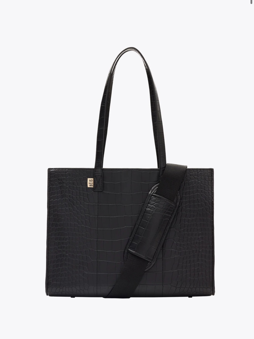 BEIS Black Croc-Embossed Structured Tote with Removable Strap